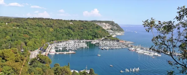 Čudovit pogled na Sesljanski zaliv z marino se odpira z Rilkejeve poti, ki je speljana ob robu pečin. 