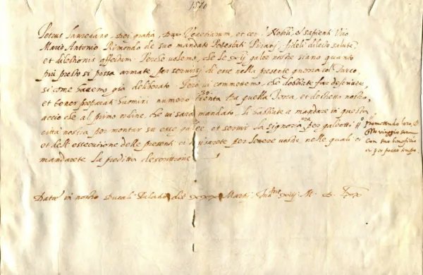 Pismo beneškega doža Pietra Loredana piranskemu podestatu Antoniu Rimondu z dne 30. 3. 1570 o nujni priskrbi tridesetih mož 
s piranskega ozemlja in jih po ukazu čim hitreje poslati v Benetke, kjer se bodo vkrcali na dvanajst galej. 
