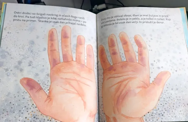 V osrčju slikanice so dlani, žuljave od trdega dela, obenem pa simbol človeka odprtih rok, dobrodelnika. 
