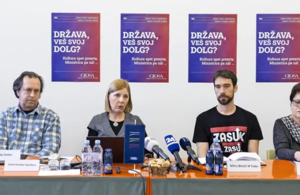 Na težave v kulturi, ki jih moramo čimprej rešiti z dialogom, so 
včeraj opozorili (z leve)  Branimir Štrukelj,  Mitja Šuštar, Irena 
Porekar Kacafura, Miha Blažič N'Toko, Ksenija Trs in Boris 
Mihalj. 