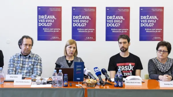 Na težave v kulturi, ki jih moramo čimprej rešiti z dialogom, so 
včeraj opozorili (z leve)  Branimir Štrukelj,  Mitja Šuštar, Irena 
Porekar Kacafura, Miha Blažič N'Toko, Ksenija Trs in Boris 
Mihalj. 