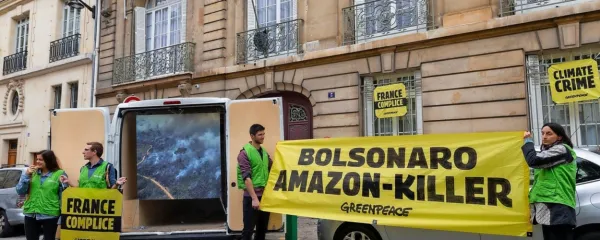 Aktivisti Greenpeacea s protestno akcijo proti nezakoniti sečnji v 
Amazoniji