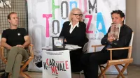 Forum Tomizza 2023, ki se danes začenja na temo Cirkus brez 
meja, so v koprski Mali loži predstavili (z leve):  Martin Lissiach 
tržaški program,  Irena Urbič koprski in  Neven Ušumović umaški. 

