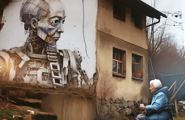 Prazna hiša v nerealno prav taki idrijski vasi leta 2060, kot si jo je  
zamislila umetna inteligenca s pomočjo organizatorjev Betriba. 