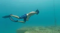Potapljač Lan Fonda med ogledom podvodne strukture Morska 
oaza Piran
