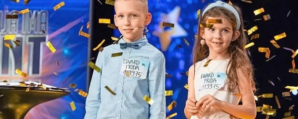 Osemletni Edvard in sedemletna Frida Kaloh in zlati lističi v oddaji 
Slovenija ima talent.