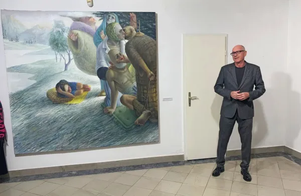 Dejan Mehmedovič in slika z  naslovom Dobrodošli na okean. Dovoljno je dubok, da potopi tvoj san.