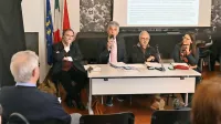O Cirilu Zlobcu so na dvojezičnem srečanju razmišljali (z leve): Boris A. Novak, Miran Košuta, Roberto Dedenaro in Martina  Ožbot.  