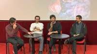 O zakulisju nastajanja dokumentarca so več povedali z desne proti levi: Gašper Milkovič Biloslav, Matevž Jerman in Andraž Jerič. Moderator pogovora je bil Erik Toth iz CKŠP Izola.