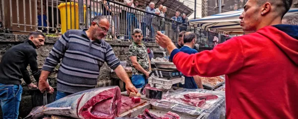 Živahna ribja tržnica v mestu Catania na vzhodni strani Sicilije.