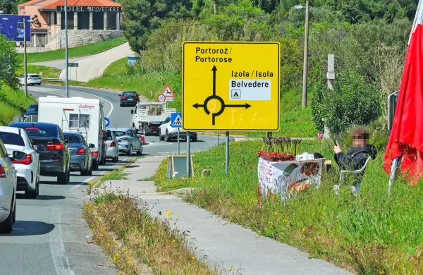 Na  obeh  straneh  glavne  ceste  nad  Izolo  prodajajo  “sveže  sezonsko  
sadje”,  za zdaj jagode  in  šparglje. 