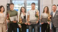 Zmagovalci prvega Okna talentov so (z leve) Benjamin Lakošeljac, 
Arnika Marancin, Jakob Šramel in Taja Ausec.