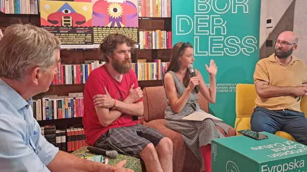 O programu jubilejnega festivala in sejma  Mesto knjige so spregovorili (z desne): Miha Kosovel, Katja Pahor, 
Marko Čeh in Stojan Pelko.  