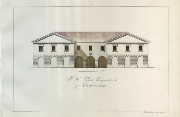 Risba pročelja glavne šole v Kopru, kjer je delovalo od leta 1875 Cesarsko-kraljevo 
moško učiteljišče Koper, Pietro Dandri, 1848 (Pokrajinski arhiv Koper)