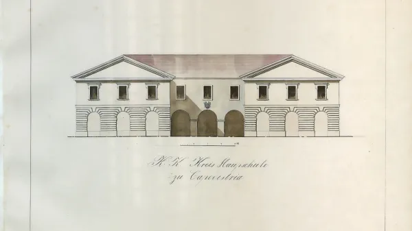 Risba pročelja glavne šole v Kopru, kjer je delovalo od leta 1875 Cesarsko-kraljevo 
moško učiteljišče Koper, Pietro Dandri, 1848 (Pokrajinski arhiv Koper)
