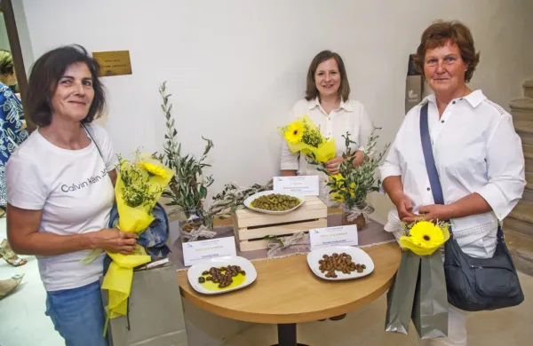 Najboljše pridelovalke namiznih oljk: šampionske picholine je 
pridelala Martina Veršnik (v sredini), vicešampionske štorte pa 
Ondina Milok (levo) in Norma Zudich.