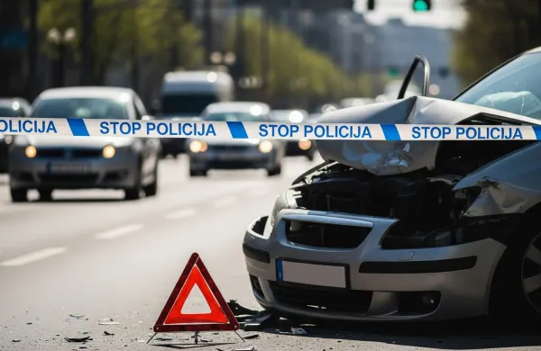 ﻿prometna nesreča, policijski trak, poškodovan avto, opozorilni trikotnik