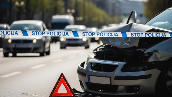 ﻿prometna nesreča, policijski trak, poškodovan avto, opozorilni trikotnik