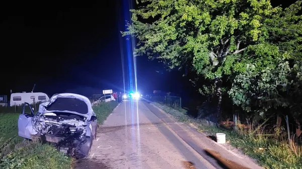 Eden z avtom v drevo, drugi v zid, po trku pa skočil v reko