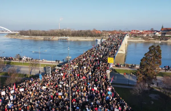 NOVI SAD, SERBIA - FEBRUARY 1: Students, protesting the accident at a train station that killed 15 people, reach Novi Sad, where the accident took place, after marching from Belgrade in Serbia on February 1, 2025. Amir Hamzagic/Anadolu/ABACAPRESS.COM,Image: 959432447, License: Rights-managed, Restrictions:, Model Release: no, Credit line: AA/ABACA/Abaca Press/Profimedia