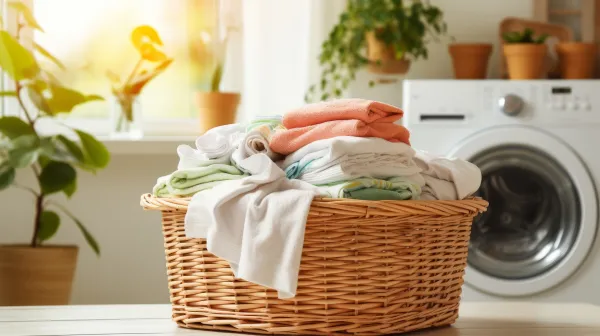 Basket with dirty or clean linen and towels on the background of a modern laundry room with a washing machine. Bathroom interior.,Image: 910270831, License: Royalty-free, Restrictions:, Model Release: no, Credit line: Alla Rudenko/Panthermedia/Profimedia