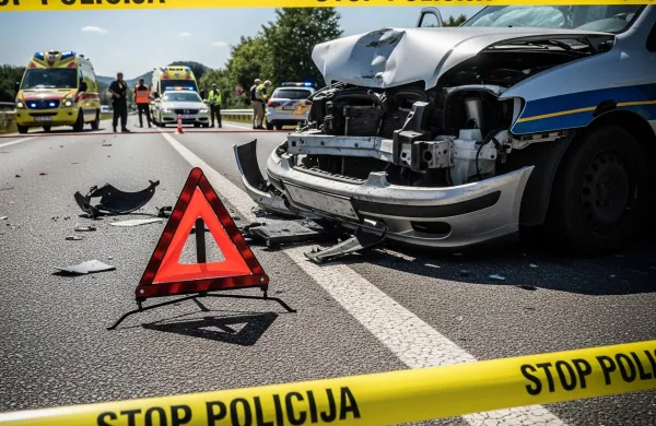 prometna nesreča, policijski trak, po&scaron;kodovan avto, opozorilni trikotnik