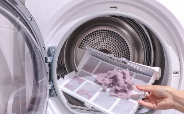 close up female hand taking lint out from dirty air filter of dryer machine after drying. cleaning Dirty filter. hair, wool from the filter in hand. Front Load Tumble Laundry electric Dryer Machine.,Image: 1040885332, License: Royalty-free, Restrictions:, Model Release: no, Credit line: Nataliia Suietska/Alamy/Profimedia