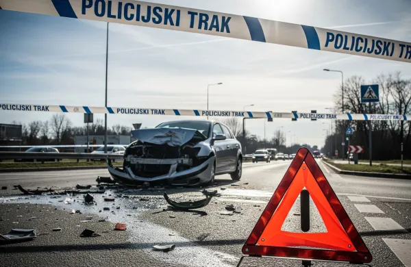 prometna nesreča, policijski trak, po&scaron;kodovan avto, opozorilni trikotnik