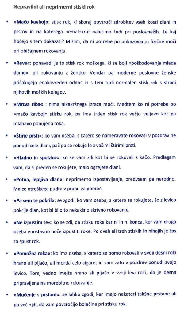 Seznam nepravilnih načinov rokovanja iz priročnika