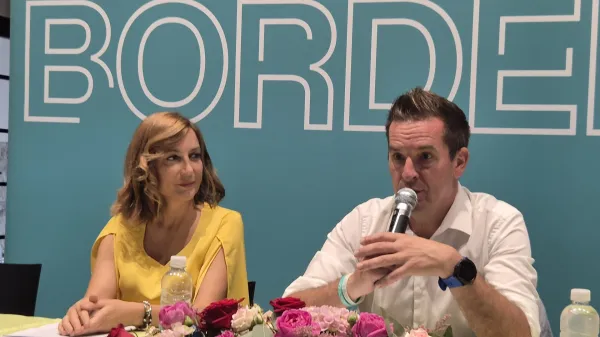 Nova Gorica, EPICenter.Novinarska konferenca o vplivu EPK 2025 na turisticni obisk v Novi Gorici in Gorici.Direktorica Javnega zavoda GO! 2025 Mija Lorbek in novogoriski zupan Samo Turel.