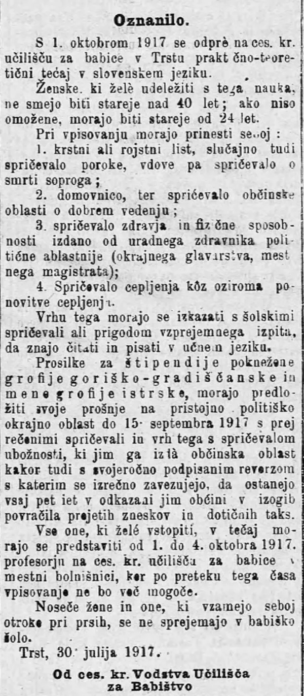 L'osservatore triestino, 1917 - Oznanilo o odprtju praktično-teoretičnega babiškega tečaja v slovenskem jeziku. 