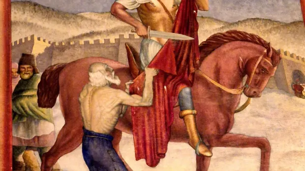 Fotografijo stenske poslikave sv. Martina na zgornji levi strani v cerkvi sv. Martina v Slivju.