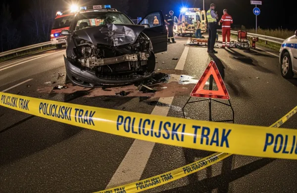prometna nesreča, policijski trak, po&scaron;kodovan avto, opozorilni trikotnik