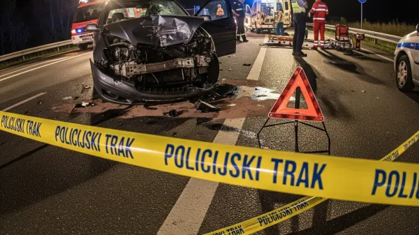 ﻿prometna nesreča, policijski trak, poškodovan avto, opozorilni trikotnik