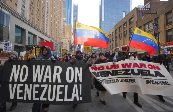 NEW YORK, UNITED STATES - JANUARY 3: New Yorkers march through the streets of Manhattan, from Times Square to Columbus Circle, against the capture of Venezuela's President Nicolas Maduro and his wife Cilia Flores by US military forces on January 3, 2026, in New York, United States. Selcuk Acar/Anadolu/ABACAPRESS.COM,Image: 1063123081, License: Rights-managed, Restrictions:, Model Release: no, Credit line: AA/ABACA/Abaca Press/Profimedia