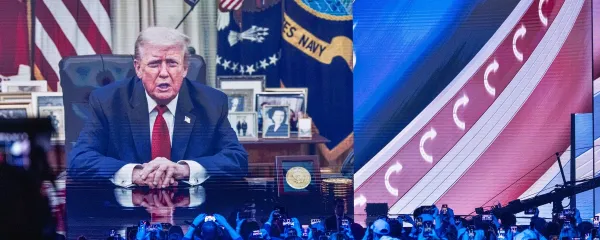 A video recording of President Trump is played addressing the attendees on Day 4 of Turning Point USA's America Fest 2025 held at the Phoenix Convention Center in Phoenix, Arizona on December 21, 2025,Image: 1060988615, License: Rights-managed, Restrictions: *** World Rights ***, Model Release: no, Credit line: Laura Brett/ddp USA/Profimedia