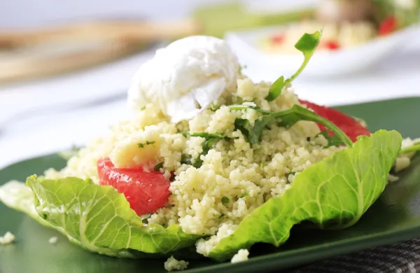 Couscous salad topped with poached egg - detail,Image: 90029682, License: Rights-managed, Restrictions:, Model Release: no, Credit line: Afis/Digifoodstock/Profimedia