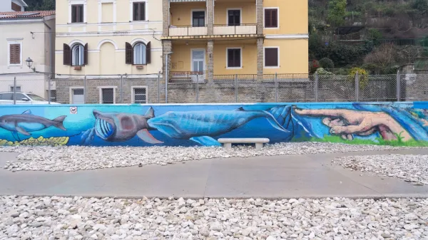 Organizacija Greenpeace Slovenija je s 45-metrskim grafitom v Piranu obeležila začetek veljavnosti svetovnega sporazuma ZN o za&scaron;čiti oceanov.