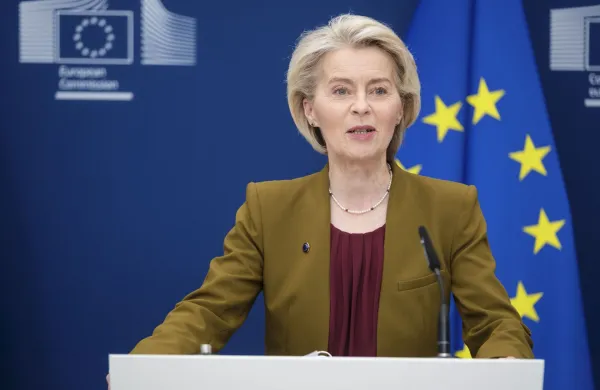 Belgija, Bruselj.Predsednica Evropske komisije Ursula von der Leyen na novinarski konferenci po tedenski seji komisije.