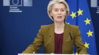 Belgija, Bruselj.Predsednica Evropske komisije Ursula von der Leyen na novinarski konferenci po tedenski seji komisije.