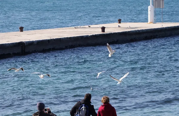 Izola, 11.02.2018Svetilnik, sprehajalci, kljub rahli burji je nedeljsko lepo sončno vreme na plano sparvilo sprehajalce