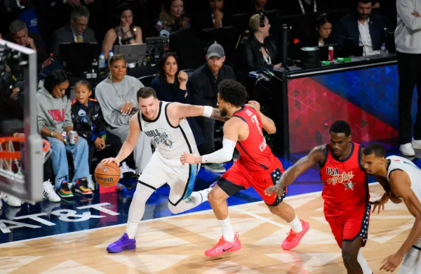 LOS ANGELES, CA - FEB 15: Luka Doncic, Victor Wembanyama (1) of World and Jalen Johnson (1), Jalen Duren of USA Stars are in action during the game of NBA All Star 2026 between USA Stars and World team at Intuit Dome, Inglewood, Los Angeles, California, United States on February 15, 2026. Tayfun Coskun/Anadolu/ABACAPRESS.COM,Image: 1075460670, License: Rights-managed, Restrictions:, Model Release: no, Credit line: AA/ABACA/Abaca Press/Profimedia