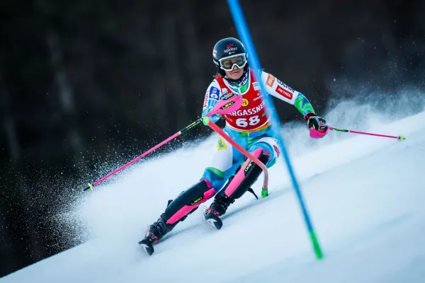 Kranjska Gora.Slalomska tekma svetovnega pokala v alpskem smucanju za zenske.Slovenska smucarka Caterina Sinigoi.
