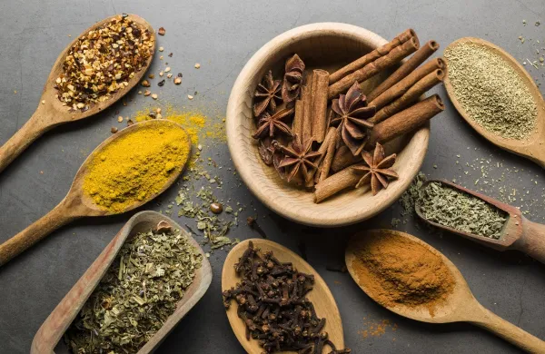 various spices on wooden spoons, on grey table,Image: 579349805, License: Royalty-free, Restrictions:, Model Release: no, Credit line: Enrico Mantegazza/Panthermedia/Profimedia