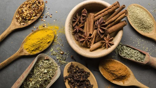 various spices on wooden spoons, on grey table,Image: 579349805, License: Royalty-free, Restrictions:, Model Release: no, Credit line: Enrico Mantegazza/Panthermedia/Profimedia