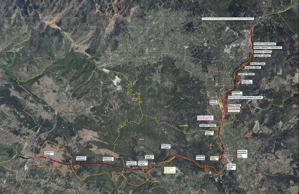 Zemljevid predvidene nove trase železnice med Divačo in Postojno
