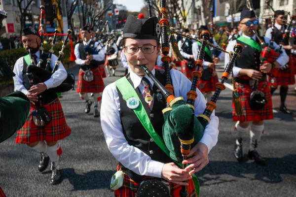 March 15, 2026, Tokyo, Japan: Bagpipers take part in the 30th Saint Patrick's Day event in Omotesando. This is the largest and oldest St Patrick's Day event in Asia and features hundreds of musicians, dancers and performers.,Image: 1083238954, License: Rights-managed, Restrictions:, Model Release: no, Credit line: Damon Coulter/Zuma Press/Profimedia
