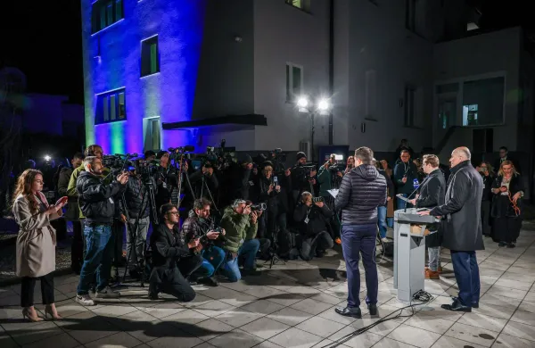 Ljubljana, sedez SDS.Volitve v drzavni zbor 2026.Izjava za medije predsednika SDS Janeza Janse po zaprtju volisc.