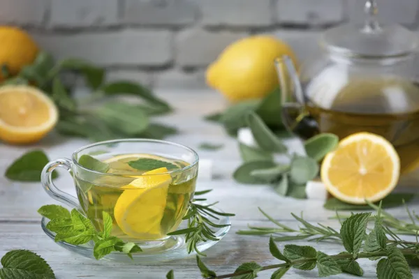 Herbal tea in a glass cup and glass jug surrounded by herbs and lemon slices,Image: 896676893, License: Royalty-free, Restrictions:, Model Release: no, Credit line: Lucas Seebacher/imageBROKER/Profimedia