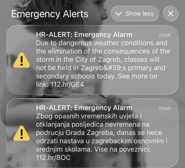 Za Zagreb, Reko in Gospić je tudi danes izdano rdeče vremensko opozorilo zaradi močnega vetra, ki podira drevesa in uničuje infrastrukturo. 